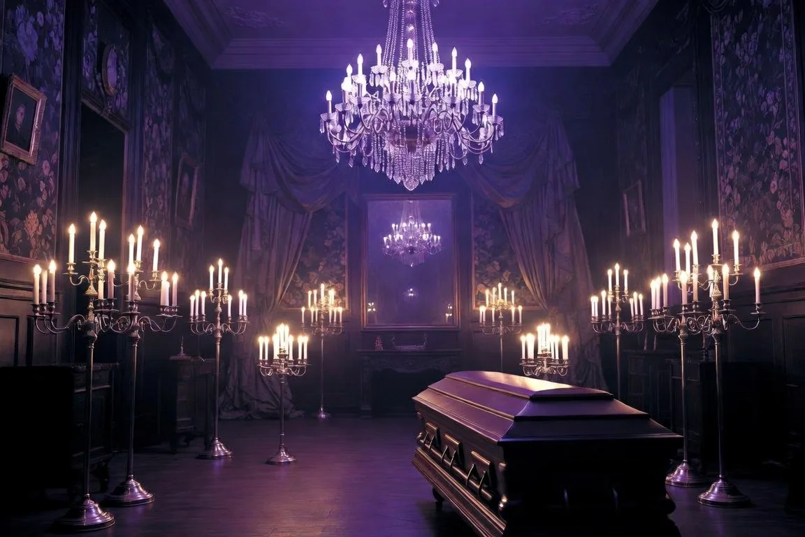 Salon funéraire sombre avec cercueil et chandeliers