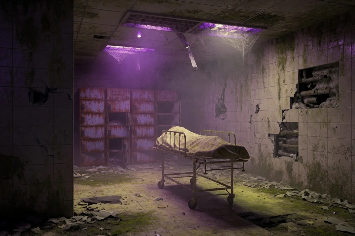 Ancienne morgue abandonnée éclairée d’une lumière violette